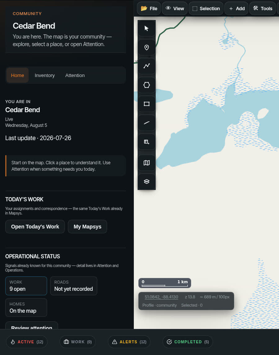 The Mapsys community panel for Cedar Bend showing Home, Inventory and Attention tabs, Today's Work, and operational status counters for work, roads and homes.