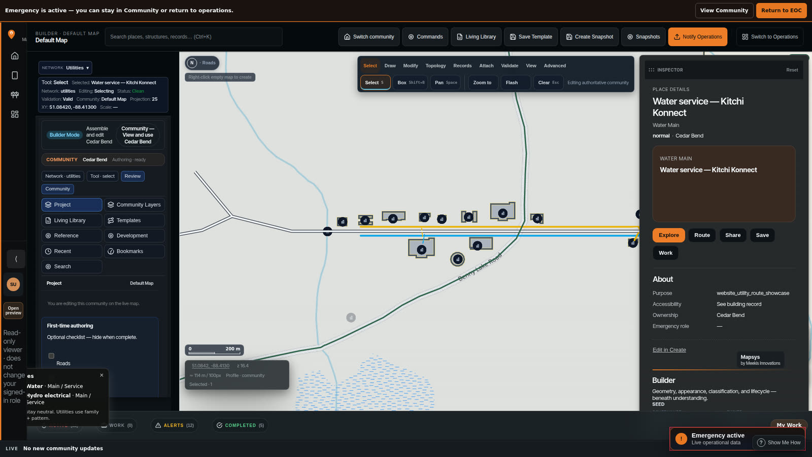 A water service selected on the Cedar Bend map with the Mapsys Inspector open, showing place details, purpose, accessibility, ownership and emergency role.