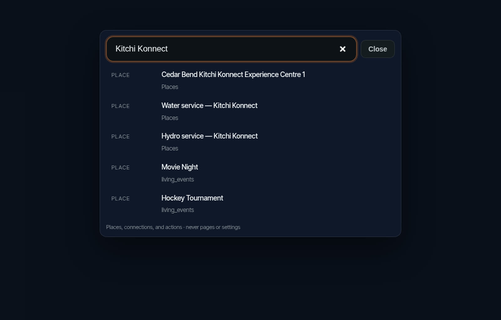 Mapsys search results for “Kitchi Konnect”: the experience centre, its water service, its hydro service, and two community events.