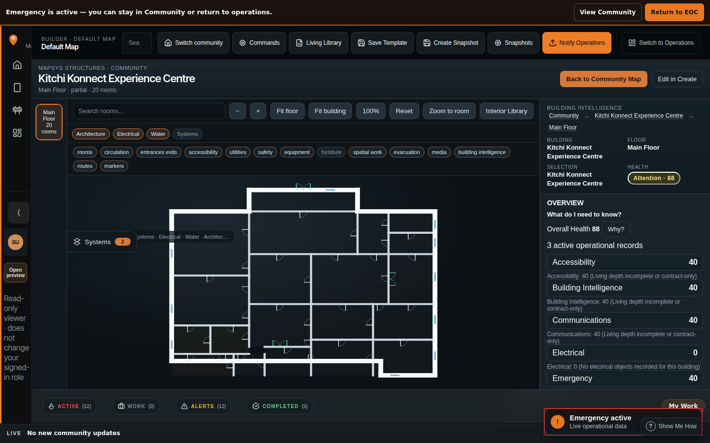 The Kitchi Konnect floor plan in Mapsys with room outlines drawn and the operational records, accessibility, electrical and emergency readings listed beside it.
